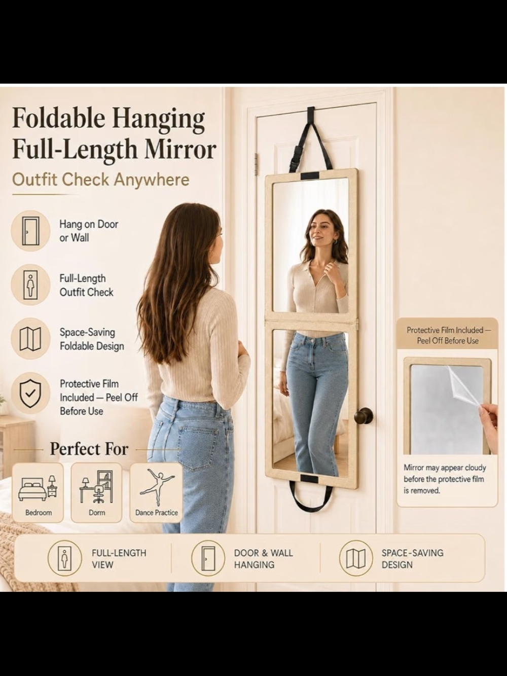 Adzyz Foldable Hanging Full Length Travel Mirror Champagne Gold NWT